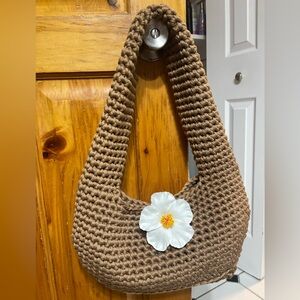 32$ 🤎 Handmade Brown Crochet Shoulder Tote Bag with White Flower